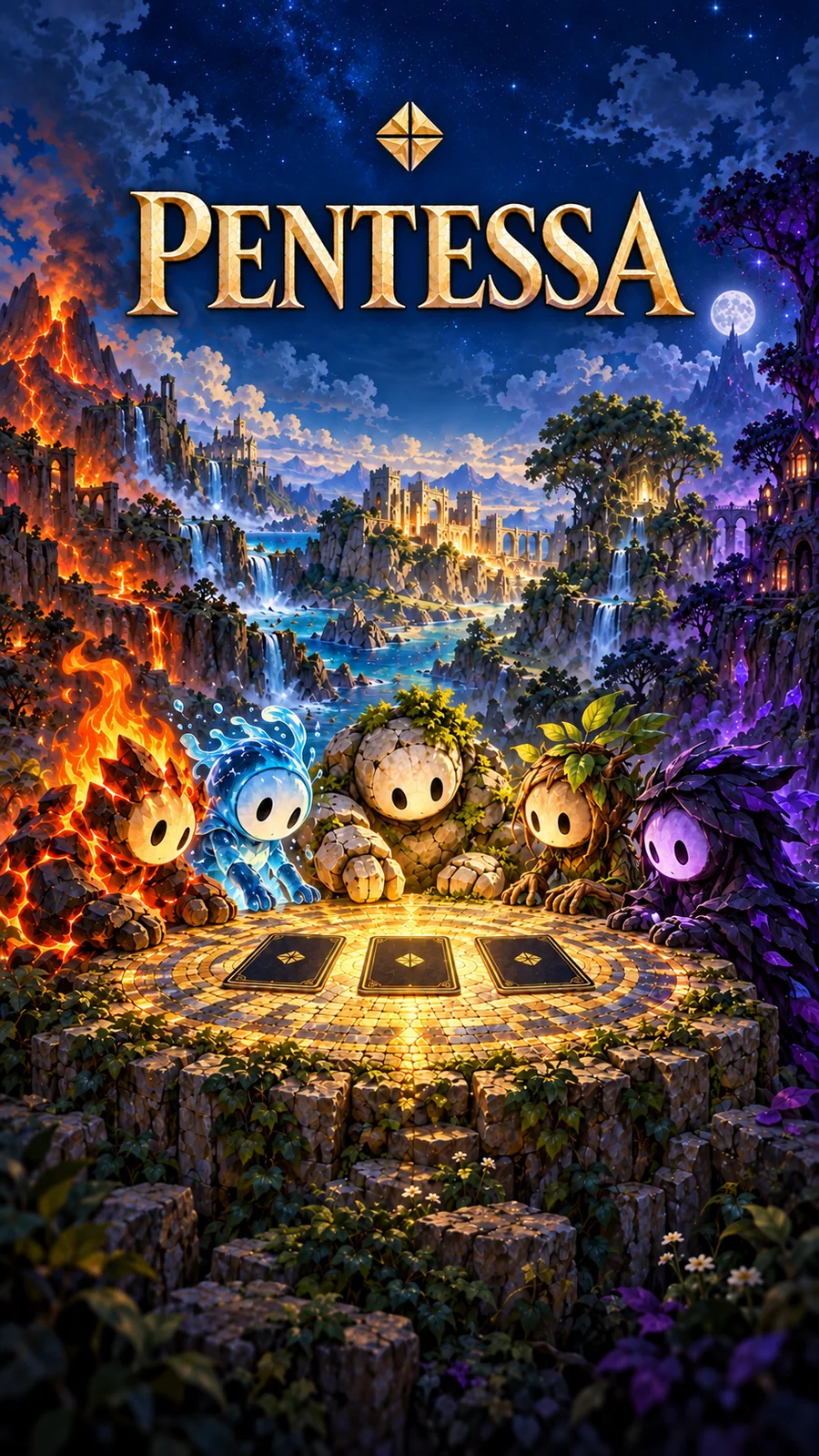 Pentessa key art: four creatures from the four colors gather around a glowing card table