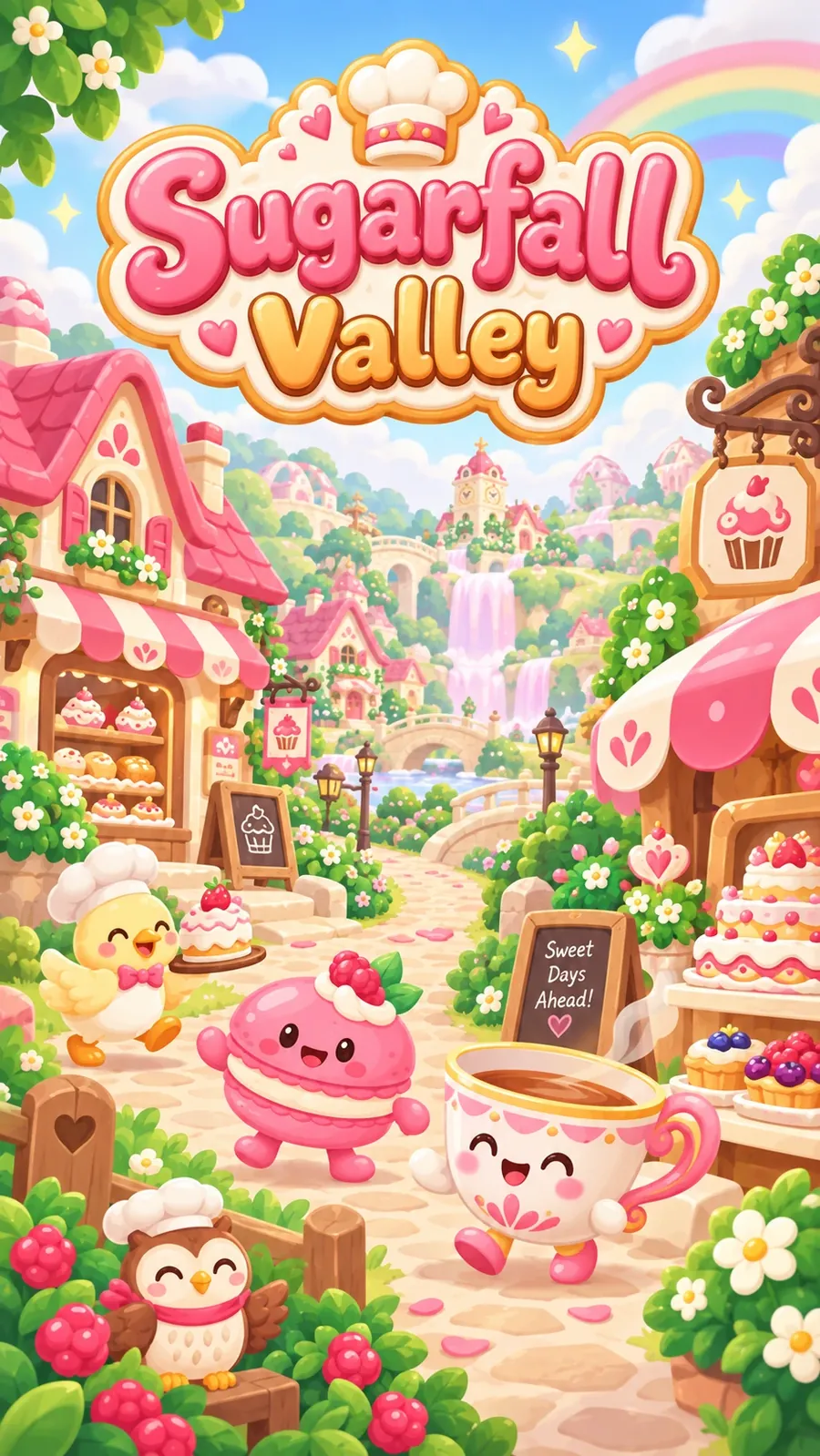Sugarfall Valley key art: a sunny valley of bakeries with smiling pastries