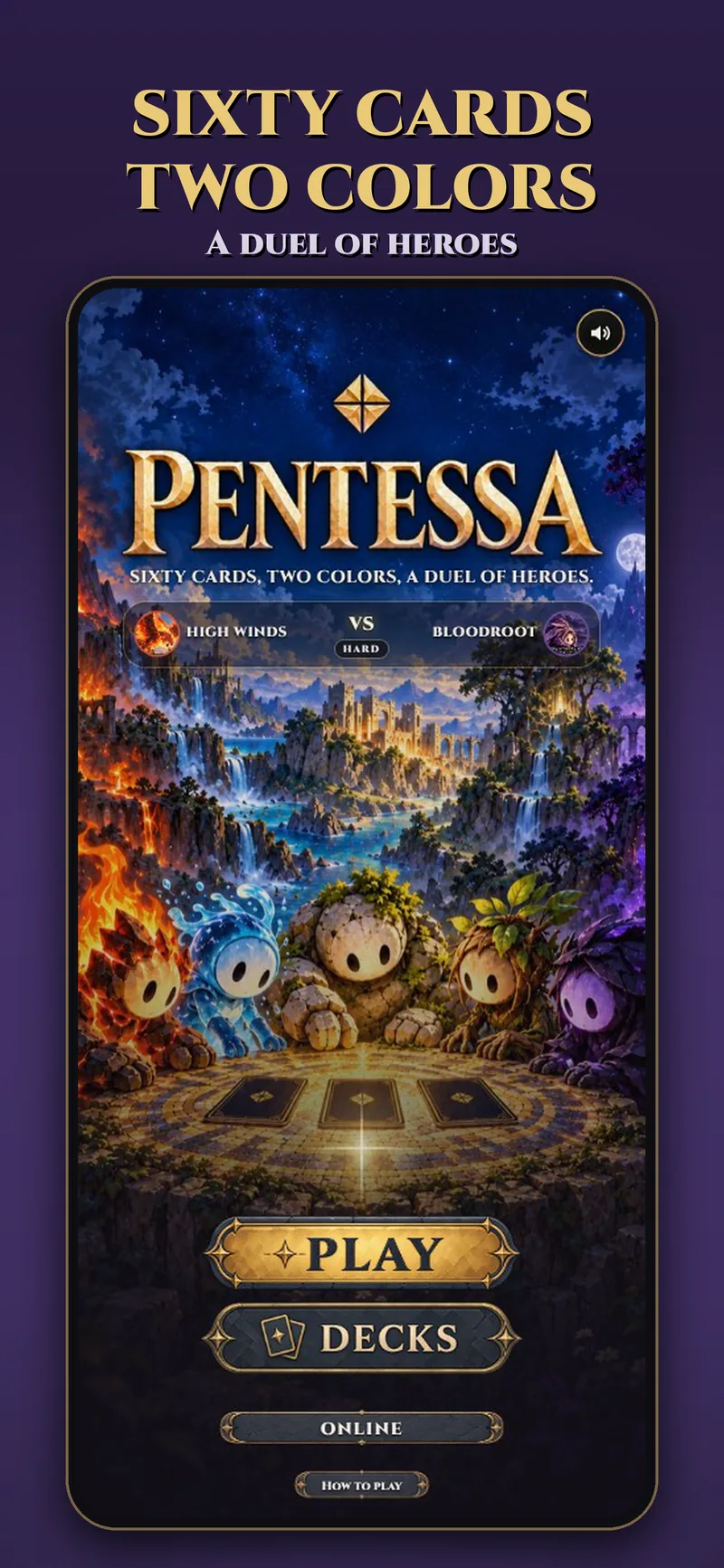 Pentessa title screen: sixty cards, two colors, a duel of heroes
