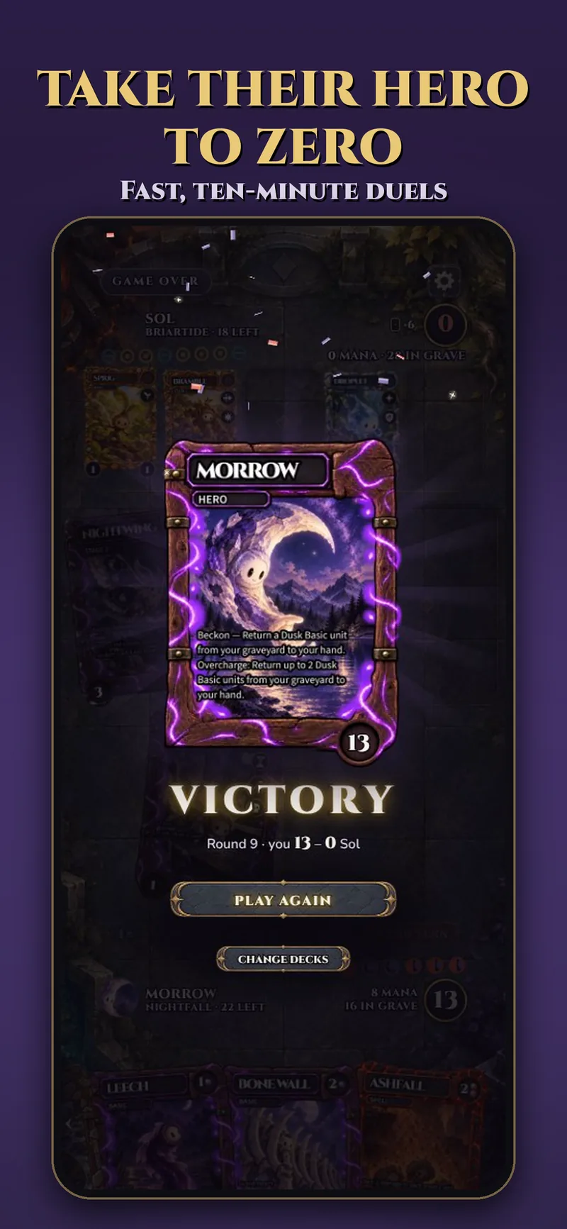 Take their hero to zero: victory screen